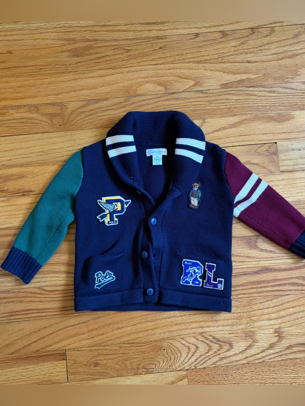 Ralph Lauren Bear Navy Knit Cardigan with Green and Burgundy Sleeves